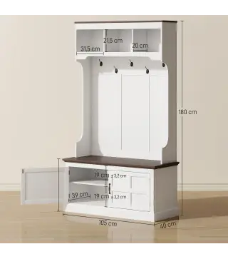 Perchero Zapatero con Banco Zapatero Ganchos Estantes y Compartimentos para Entrada Pasillo Salón 105x40x180 cm Blanco
