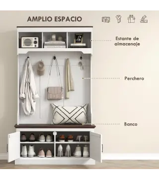 Perchero Zapatero con Banco Zapatero Ganchos Estantes y Compartimentos para Entrada Pasillo Salón 105x40x180 cm Blanco