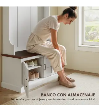 Perchero Zapatero con Banco Zapatero Ganchos Estantes y Compartimentos para Entrada Pasillo Salón 105x40x180 cm Blanco