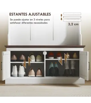 Perchero Zapatero con Banco Zapatero Ganchos Estantes y Compartimentos para Entrada Pasillo Salón 105x40x180 cm Blanco