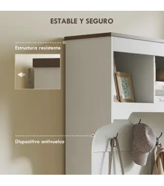 Perchero Zapatero con Banco Zapatero Ganchos Estantes y Compartimentos para Entrada Pasillo Salón 105x40x180 cm Blanco