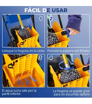 Cubo de Fregona 26 L con Ruedas Sistema de Escurridor Asa de Transporte y Doble Cubetas 78x45x95 cm Multicolor