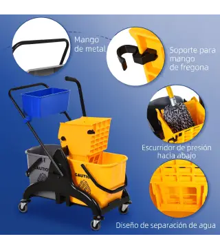 Cubo de Fregona 26 L con Ruedas Sistema de Escurridor Asa de Transporte y Doble Cubetas 78x45x95 cm Multicolor