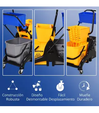Cubo de Fregona 26 L con Ruedas Sistema de Escurridor Asa de Transporte y Doble Cubetas 78x45x95 cm Multicolor