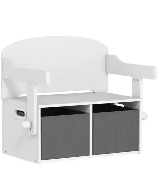 Banco Infantil Convertible 3 en 1 Juego de Mesa y Silla Baúl de Juguetes con Cubos de Tela Extraíbles Blanco