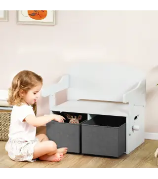Banco Infantil Convertible 3 en 1 Juego de Mesa y Silla Baúl de Juguetes con Cubos de Tela Extraíbles Blanco