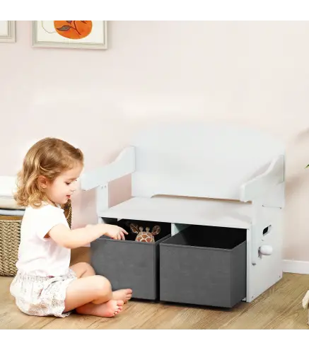 Banco Infantil Convertible 3 en 1 Juego de Mesa y Silla Baúl de Juguetes con Cubos de Tela Extraíbles Blanco
