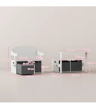 Banco Infantil Convertible 3 en 1 Juego de Mesa y Silla Baúl de Juguetes con Cubos de Tela Extraíbles Blanco