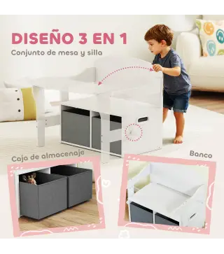 Banco Infantil Convertible 3 en 1 Juego de Mesa y Silla Baúl de Juguetes con Cubos de Tela Extraíbles Blanco