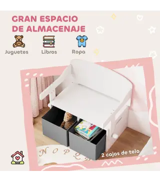 Banco Infantil Convertible 3 en 1 Juego de Mesa y Silla Baúl de Juguetes con Cubos de Tela Extraíbles Blanco