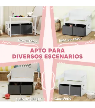 Banco Infantil Convertible 3 en 1 Juego de Mesa y Silla Baúl de Juguetes con Cubos de Tela Extraíbles Blanco
