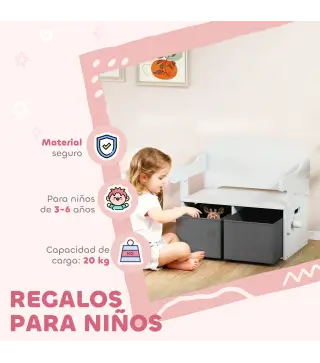 Banco Infantil Convertible 3 en 1 Juego de Mesa y Silla Baúl de Juguetes con Cubos de Tela Extraíbles Blanco