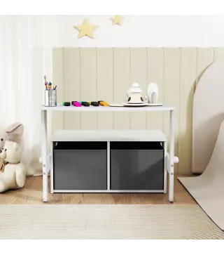 Banco Infantil Convertible 3 en 1 Juego de Mesa y Silla Baúl de Juguetes con Cubos de Tela Extraíbles Blanco