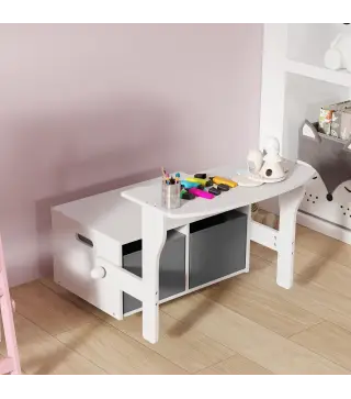 Banco Infantil Convertible 3 en 1 Juego de Mesa y Silla Baúl de Juguetes con Cubos de Tela Extraíbles Blanco
