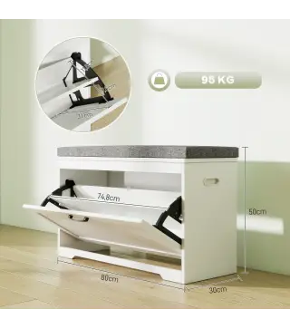 Banco Zapatero Moderno con Asiento Acolchado Estante Ajustable para 8 Pares de Zapatos para Entrada 80x30x50 cm Blanco