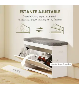 Banco Zapatero Moderno con Asiento Acolchado Estante Ajustable para 8 Pares de Zapatos para Entrada 80x30x50 cm Blanco