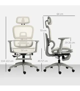 Silla de Oficina Ergonómica de Malla con Reposabrazos 3D Reclinable a 135° Reposacabezas Ajustable Beige