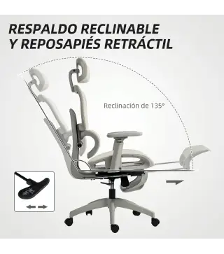 Silla de Oficina Ergonómica de Malla con Reposabrazos 3D Reclinable a 135° Reposacabezas Ajustable Beige