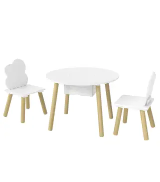 Mesa Infantil con 2 Sillas con Bolsa de Malla Tema de Nube para Niños y Niñas de 3-6 Años para Guardería Aulas Blanco