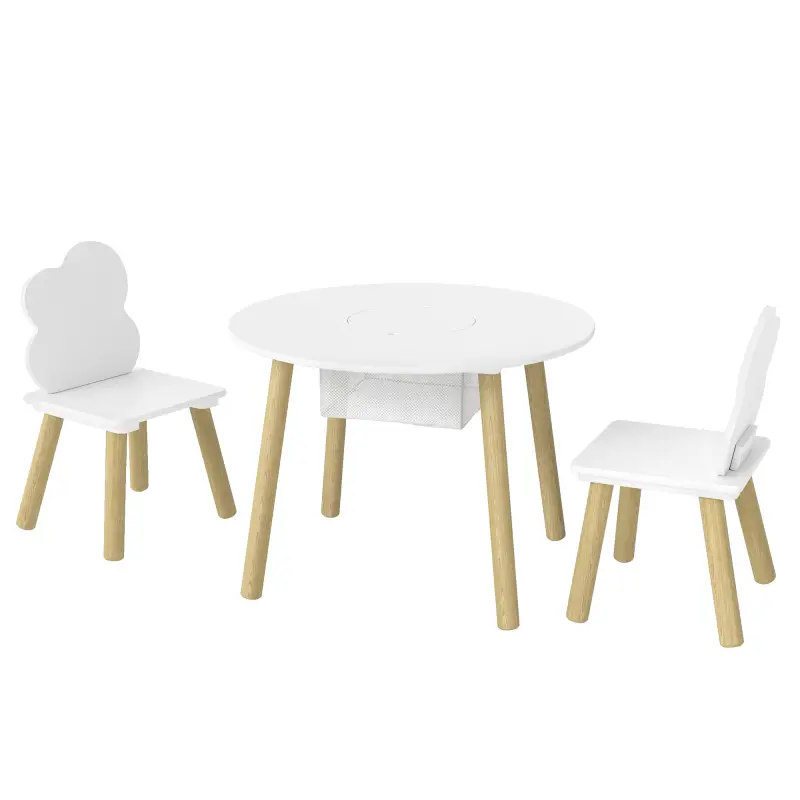 Mesa Infantil con 2 Sillas con Bolsa de Malla Tema de Nube para Niños y Niñas de 3-6 Años para Guardería Aulas Blanco