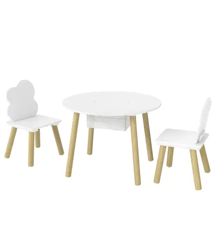 Mesa Infantil con 2 Sillas con Bolsa de Malla Tema de Nube para Niños y Niñas de 3-6 Años para Guardería Aulas Blanco