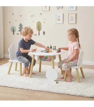 Mesa Infantil con 2 Sillas con Bolsa de Malla Tema de Nube para Niños y Niñas de 3-6 Años para Guardería Aulas Blanco