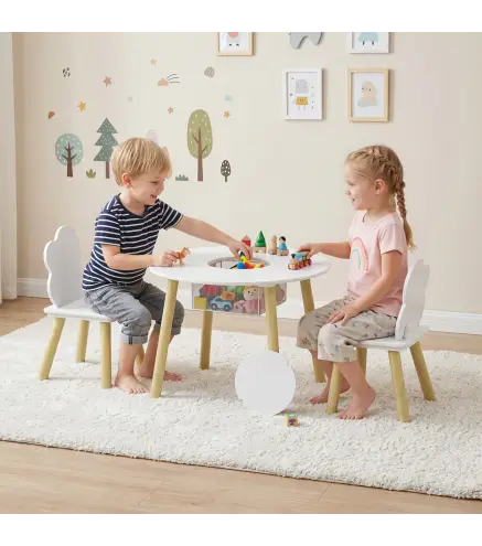 Mesa Infantil con 2 Sillas con Bolsa de Malla Tema de Nube para Niños y Niñas de 3-6 Años para Guardería Aulas Blanco