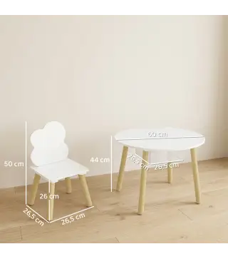Mesa Infantil con 2 Sillas con Bolsa de Malla Tema de Nube para Niños y Niñas de 3-6 Años para Guardería Aulas Blanco