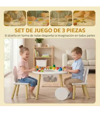 Mesa Infantil con 2 Sillas con Bolsa de Malla Tema de Nube para Niños y Niñas de 3-6 Años para Guardería Aulas Blanco