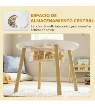 Mesa Infantil con 2 Sillas con Bolsa de Malla Tema de Nube para Niños y Niñas de 3-6 Años para Guardería Aulas Blanco