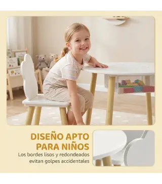 Mesa Infantil con 2 Sillas con Bolsa de Malla Tema de Nube para Niños y Niñas de 3-6 Años para Guardería Aulas Blanco