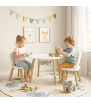 Mesa Infantil con 2 Sillas con Bolsa de Malla Tema de Nube para Niños y Niñas de 3-6 Años para Guardería Aulas Blanco