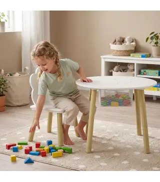Mesa Infantil con 2 Sillas con Bolsa de Malla Tema de Nube para Niños y Niñas de 3-6 Años para Guardería Aulas Blanco