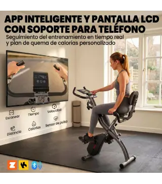 Bicicleta Estática Plegable con 8 Niveles de Resistencia Volante Pantalla LCD Bluetooth Pulsómetro y Sillín Ajustable