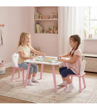 Mesa y Sillas Infantil con Patas de Madera Tema Algodón de Azúcar para Niños y Niñas de 3-6 Años para Guardería Rosa
