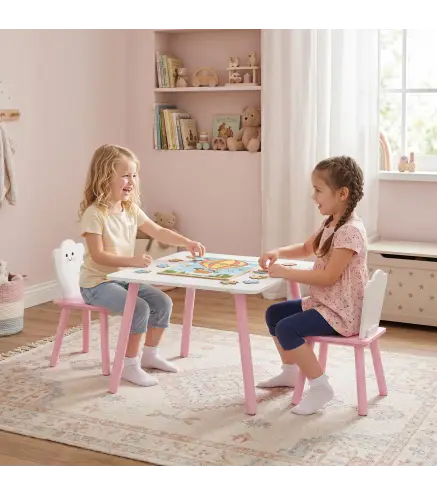 Mesa y Sillas Infantil con Patas de Madera Tema Algodón de Azúcar para Niños y Niñas de 3-6 Años para Guardería Rosa