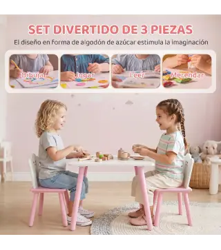 Mesa y Sillas Infantil con Patas de Madera Tema Algodón de Azúcar para Niños y Niñas de 3-6 Años para Guardería Rosa
