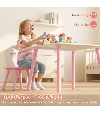 Mesa y Sillas Infantil con Patas de Madera Tema Algodón de Azúcar para Niños y Niñas de 3-6 Años para Guardería Rosa