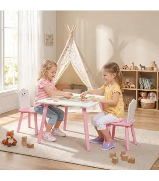 Mesa y Sillas Infantil con Patas de Madera Tema Algodón de Azúcar para Niños y Niñas de 3-6 Años para Guardería Rosa