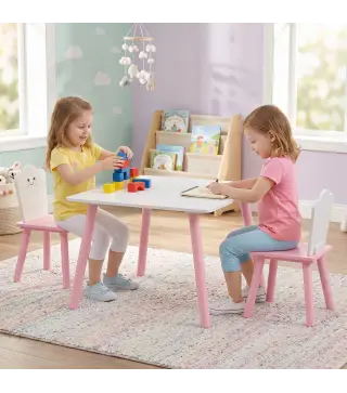 Mesa y Sillas Infantil con Patas de Madera Tema Algodón de Azúcar para Niños y Niñas de 3-6 Años para Guardería Rosa