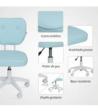 Silla de Oficina Giratoria Tapizada en PU con Altura Ajustable Sin Brazos Carga 120 kg 46x59x82-92 cm Azul Claro