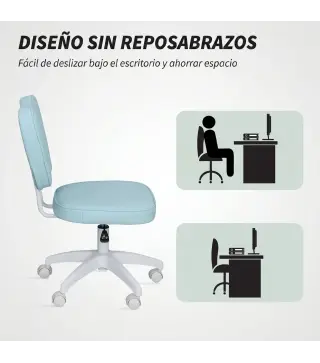 Silla de Oficina Giratoria Tapizada en PU con Altura Ajustable Sin Brazos Carga 120 kg 46x59x82-92 cm Azul Claro
