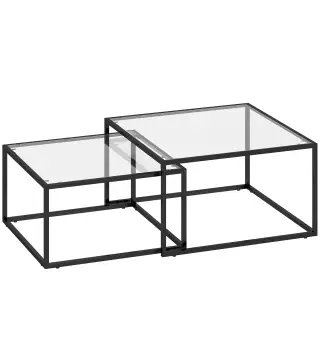 2 Mesas de Centro Cuadradas Mesas Nido Modernas con Tablero de Vidrio Templado y Estructura Metálica 75x75x42 cm Negro
