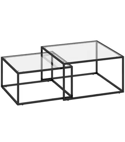 2 Mesas de Centro Cuadradas Mesas Nido Modernas con Tablero de Vidrio Templado y Estructura Metálica 75x75x42 cm Negro