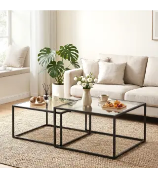2 Mesas de Centro Cuadradas Mesas Nido Modernas con Tablero de Vidrio Templado y Estructura Metálica 75x75x42 cm Negro