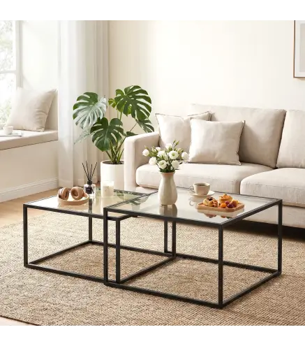 2 Mesas de Centro Cuadradas Mesas Nido Modernas con Tablero de Vidrio Templado y Estructura Metálica 75x75x42 cm Negro