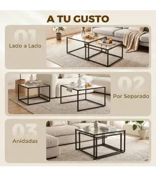 2 Mesas de Centro Cuadradas Mesas Nido Modernas con Tablero de Vidrio Templado y Estructura Metálica 75x75x42 cm Negro