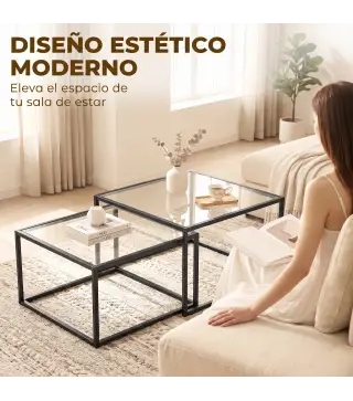 2 Mesas de Centro Cuadradas Mesas Nido Modernas con Tablero de Vidrio Templado y Estructura Metálica 75x75x42 cm Negro