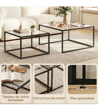 2 Mesas de Centro Cuadradas Mesas Nido Modernas con Tablero de Vidrio Templado y Estructura Metálica 75x75x42 cm Negro