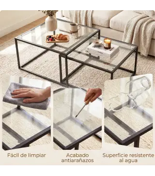 2 Mesas de Centro Cuadradas Mesas Nido Modernas con Tablero de Vidrio Templado y Estructura Metálica 75x75x42 cm Negro